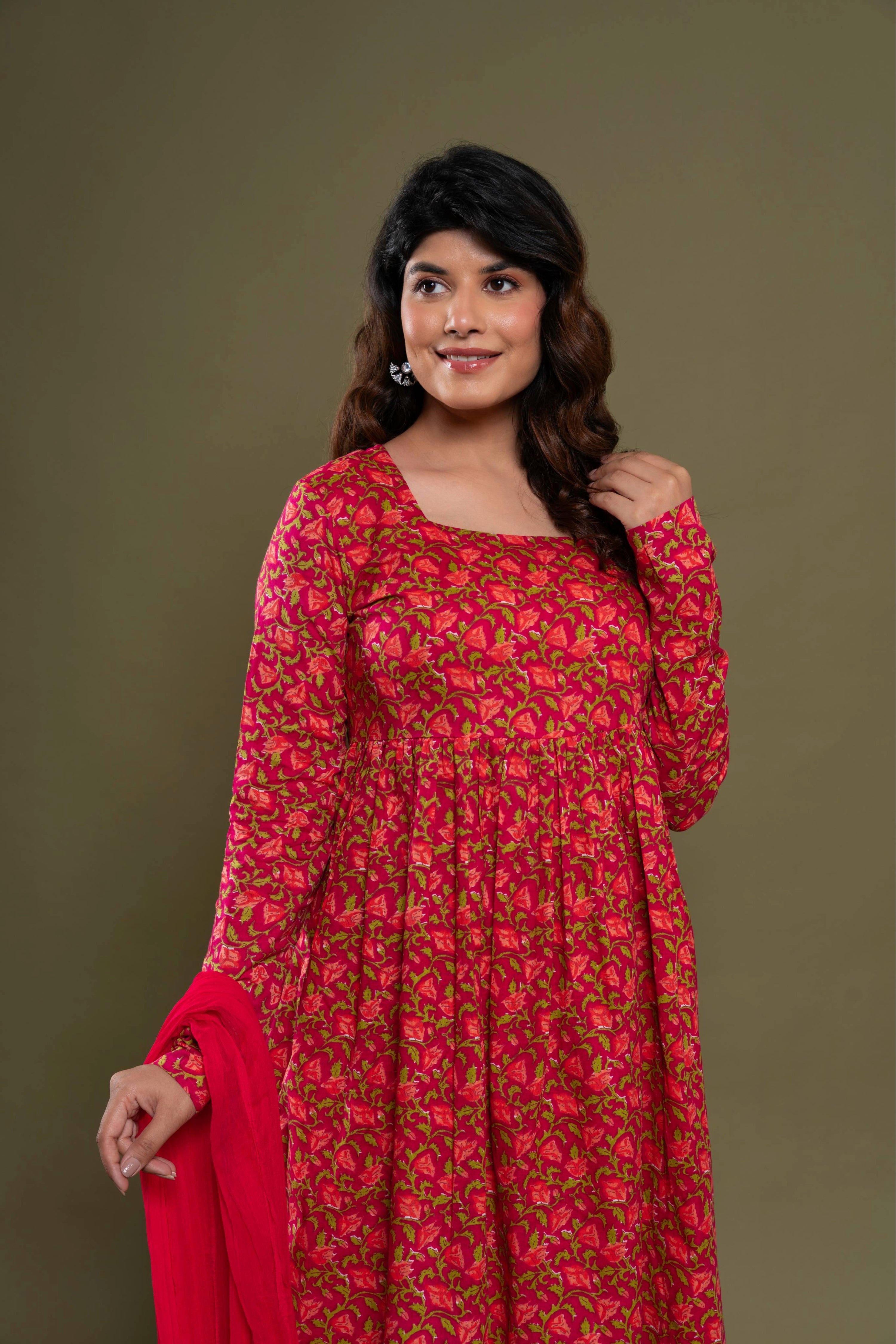 House Of Nidhi Red Floral Printed Cotton Kurti Set for Women with Dupatta | Premium Ethnic Wear
