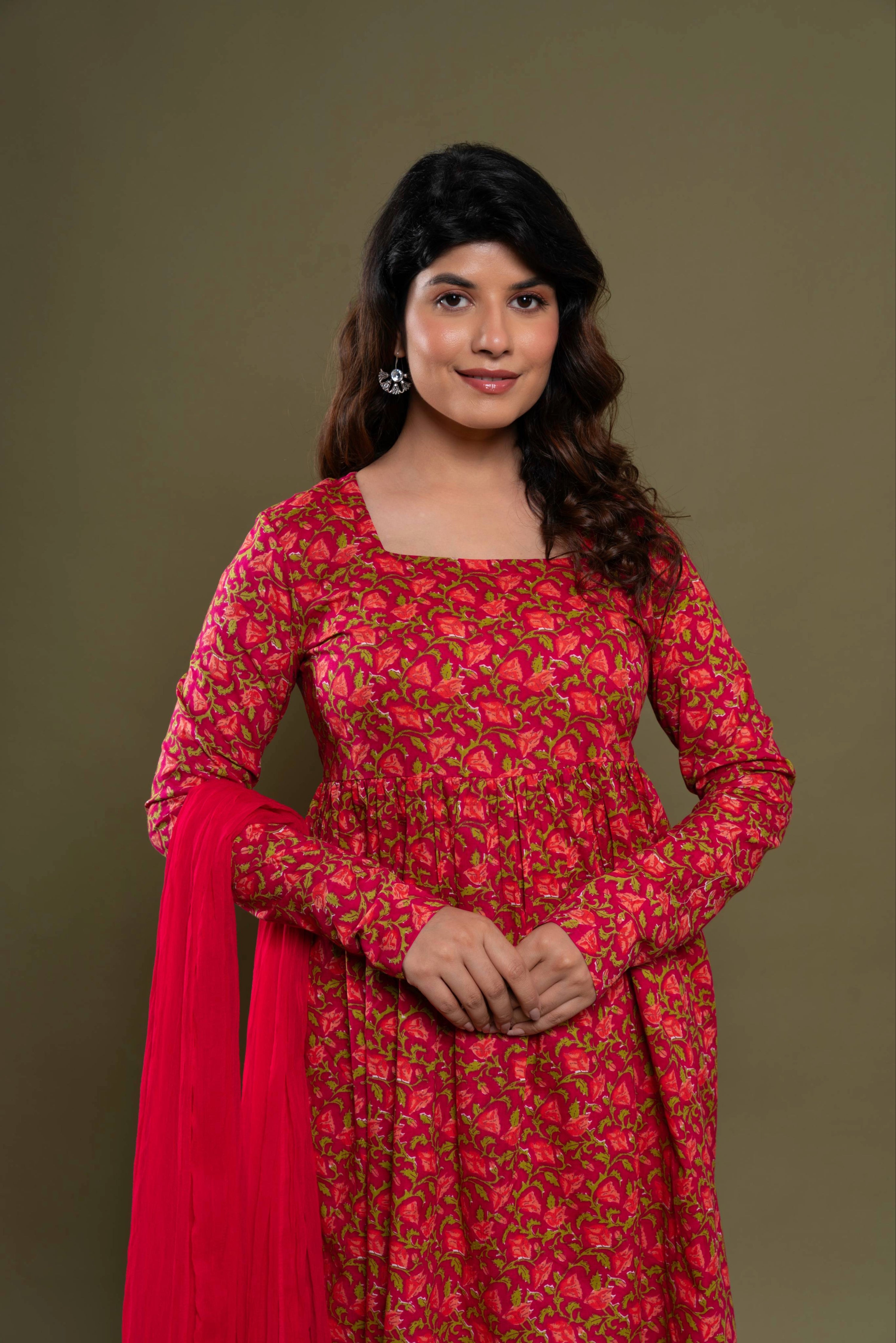 House Of Nidhi Red Floral Printed Cotton Kurti Set for Women with Dupatta | Premium Ethnic Wear