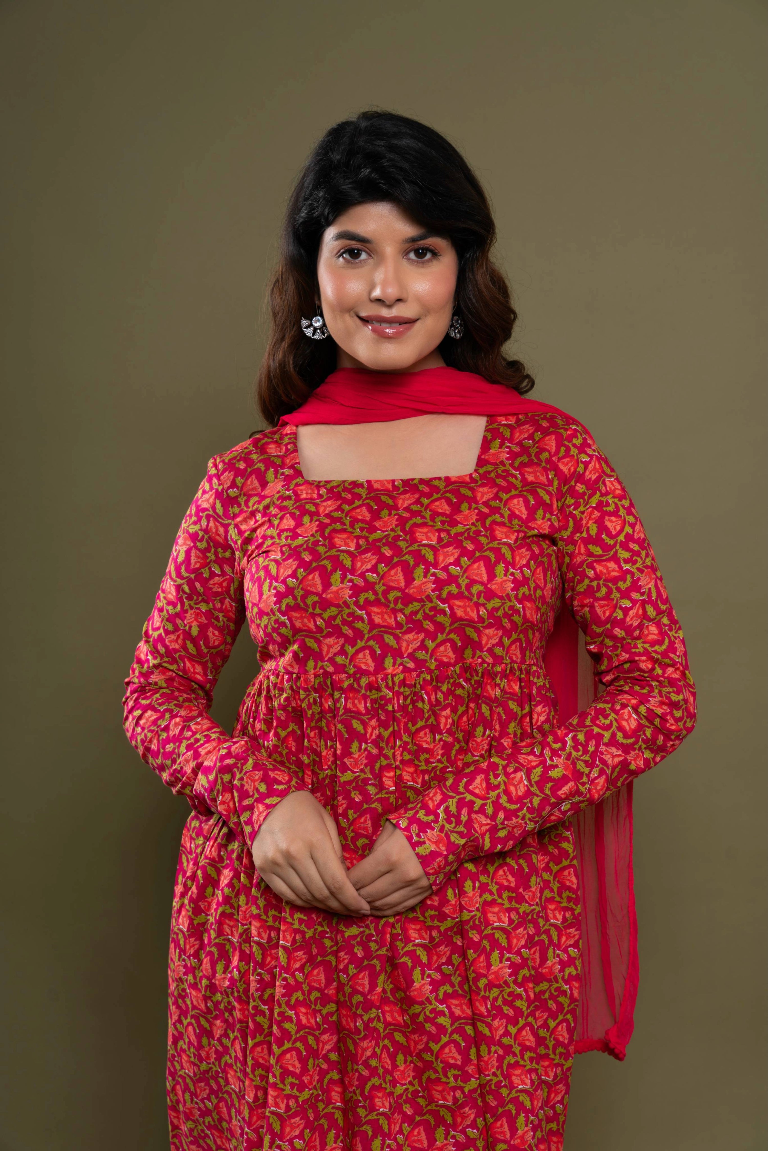 House Of Nidhi Red Floral Printed Cotton Kurti Set for Women with Dupatta | Premium Ethnic Wear