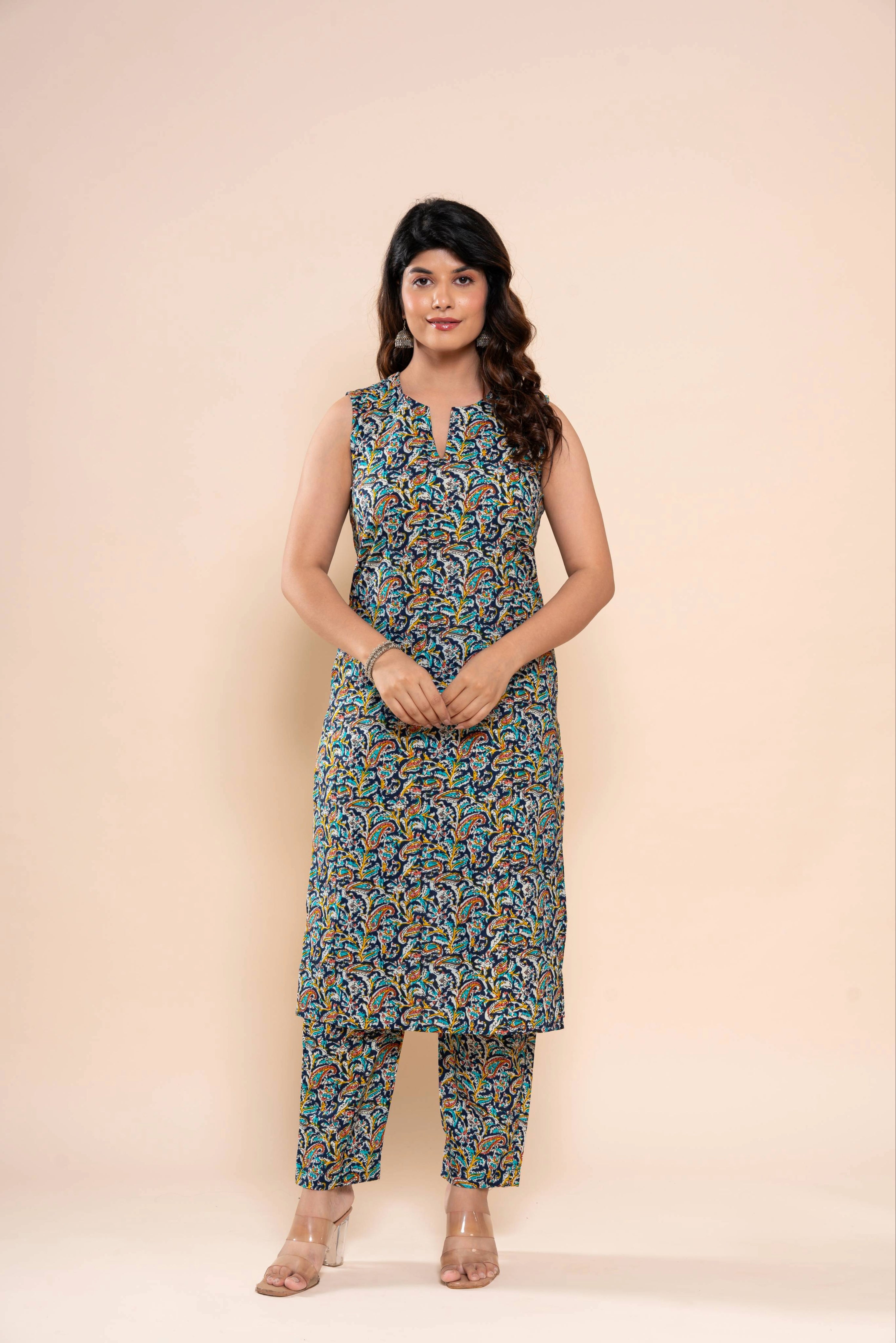 HouseOfNidhi Cotton Printed Kurti Pant Set for Women | Sleeveless Navy Blue Paisley Ethnic Co-Ord Set | Soft Breathable Cotton 60 60