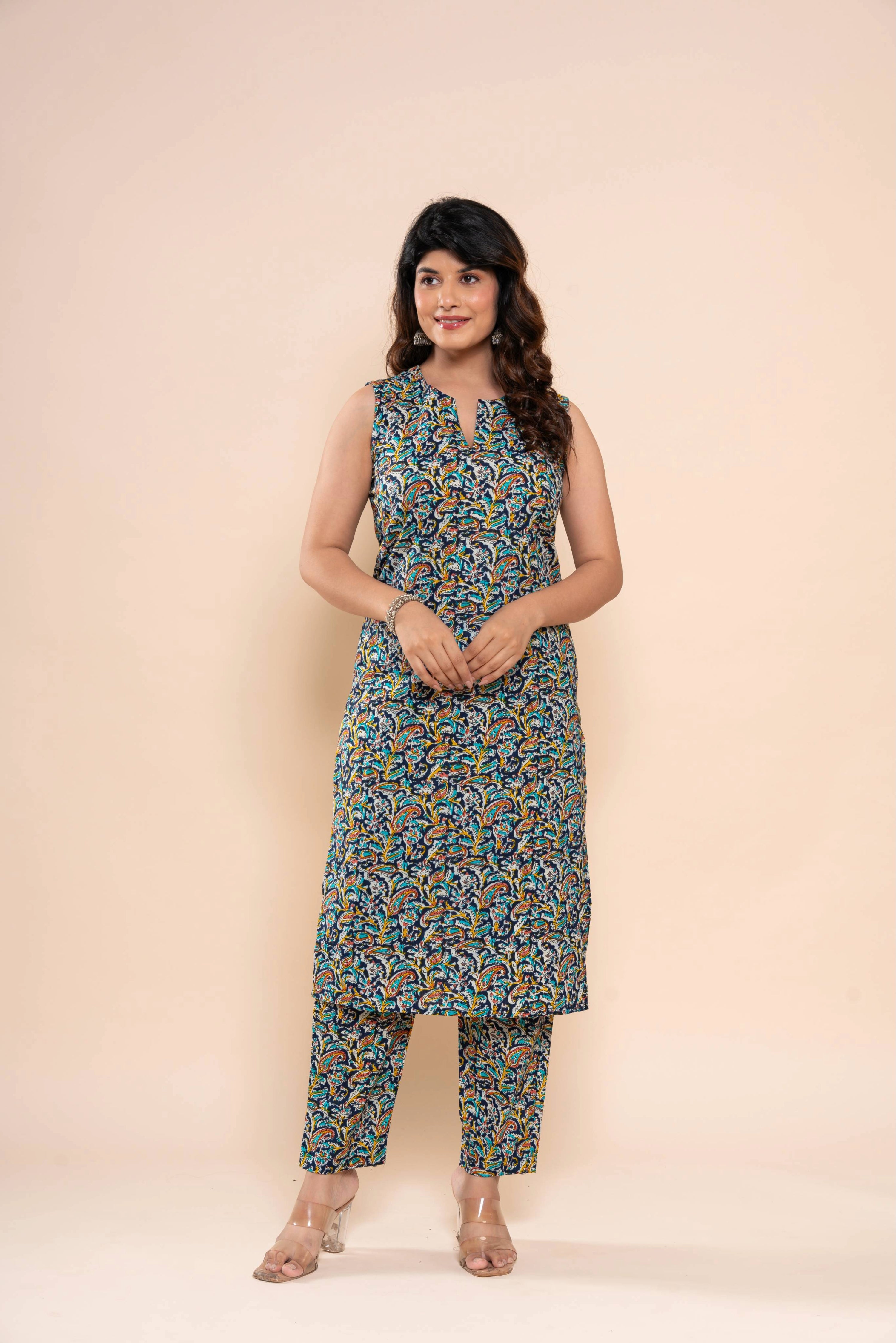 HouseOfNidhi Cotton Printed Kurti Pant Set for Women | Sleeveless Navy Blue Paisley Ethnic Co-Ord Set | Soft Breathable Cotton 60 60