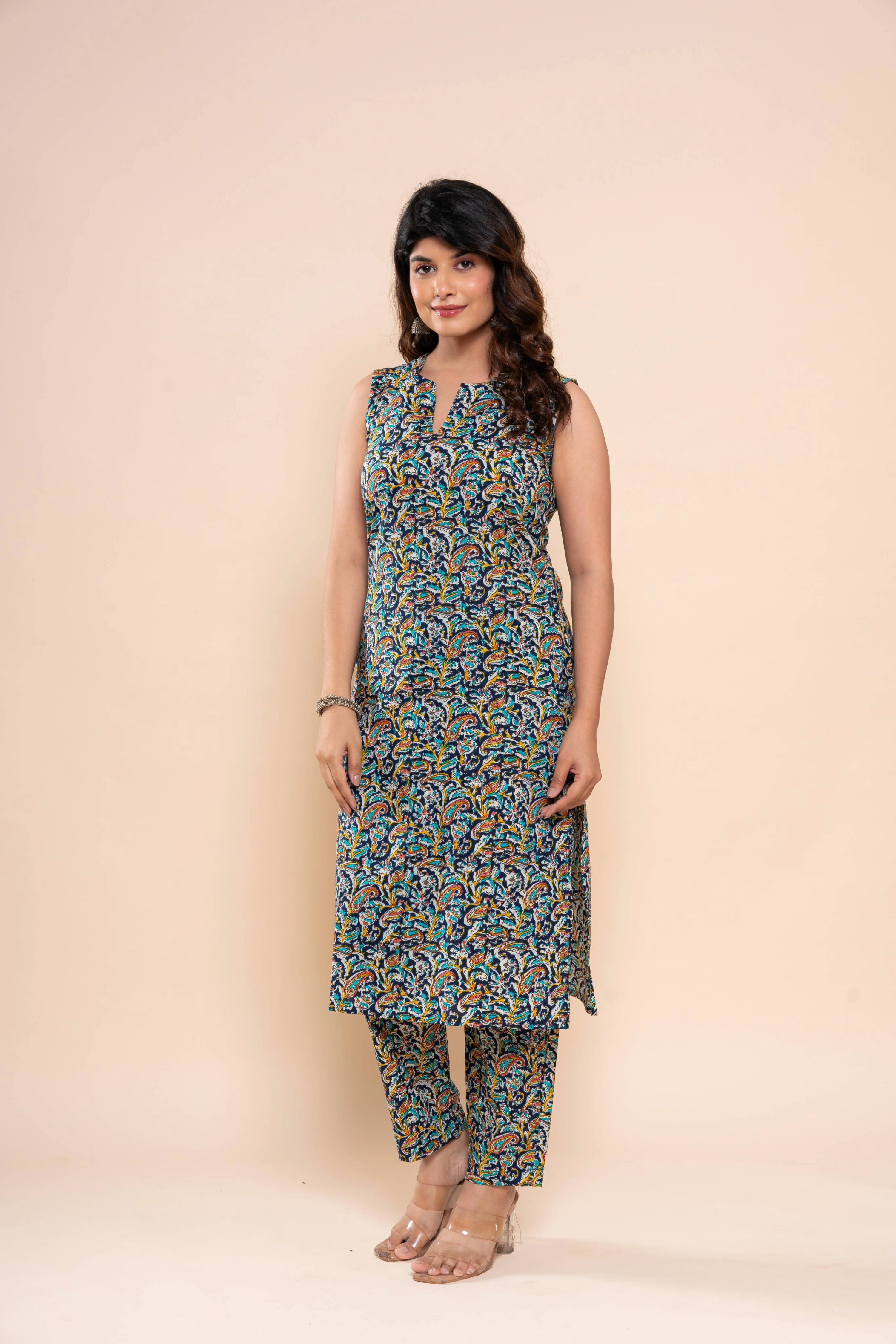 HouseOfNidhi Cotton Printed Kurti Pant Set for Women | Sleeveless Navy Blue Paisley Ethnic Co-Ord Set | Soft Breathable Cotton 60 60
