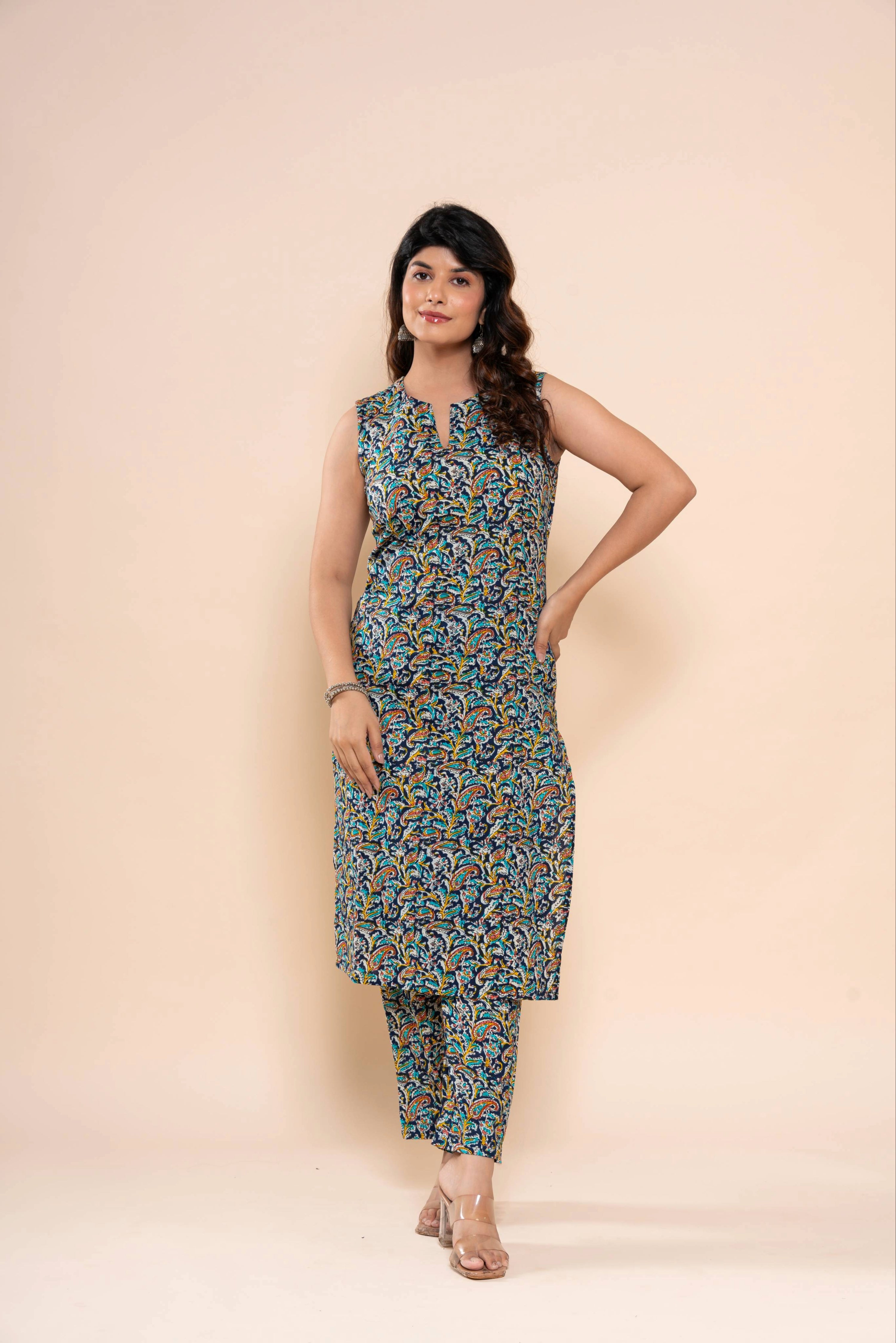HouseOfNidhi Cotton Printed Kurti Pant Set for Women | Sleeveless Navy Blue Paisley Ethnic Co-Ord Set | Soft Breathable Cotton 60 60