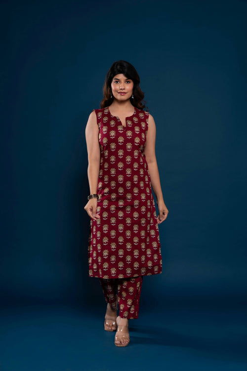 House of Nidhi Maroon Gold Print Straight Kurti for Women | Ethnic Sleeveless Kurta