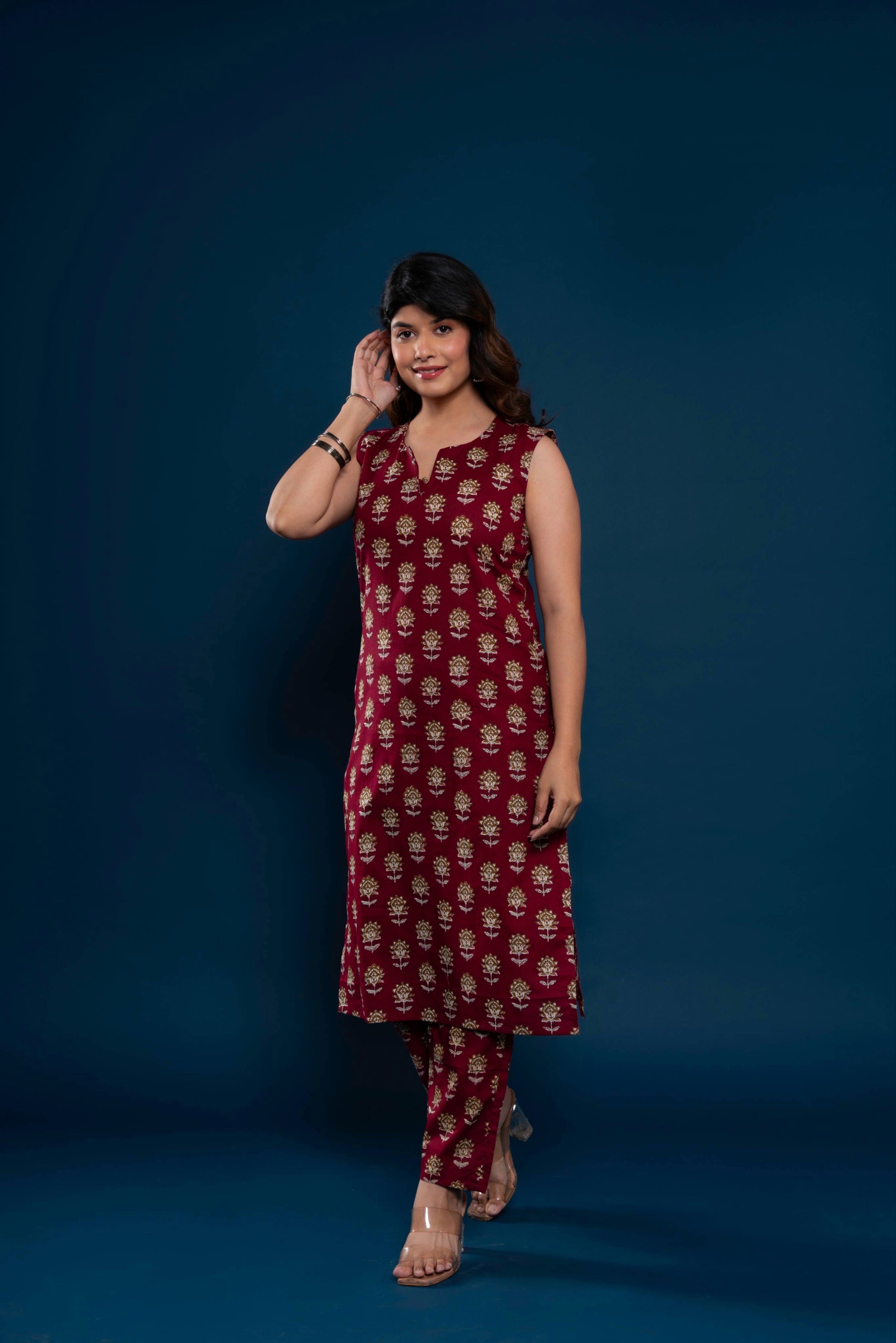 House of Nidhi Maroon Gold Print Straight Kurti for Women | Ethnic Sleeveless Kurta