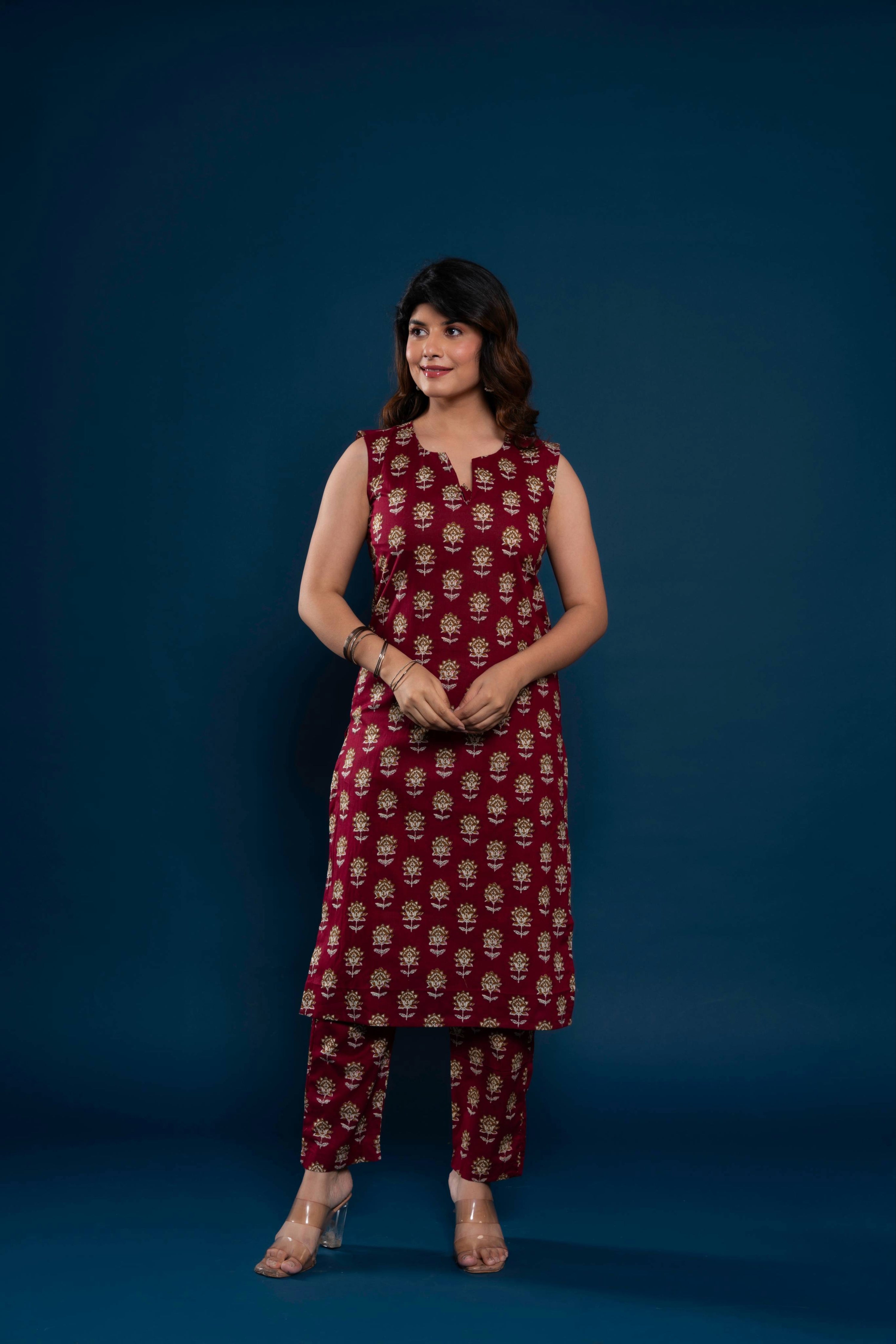 House of Nidhi Maroon Gold Print Straight Kurti for Women | Ethnic Sleeveless Kurta