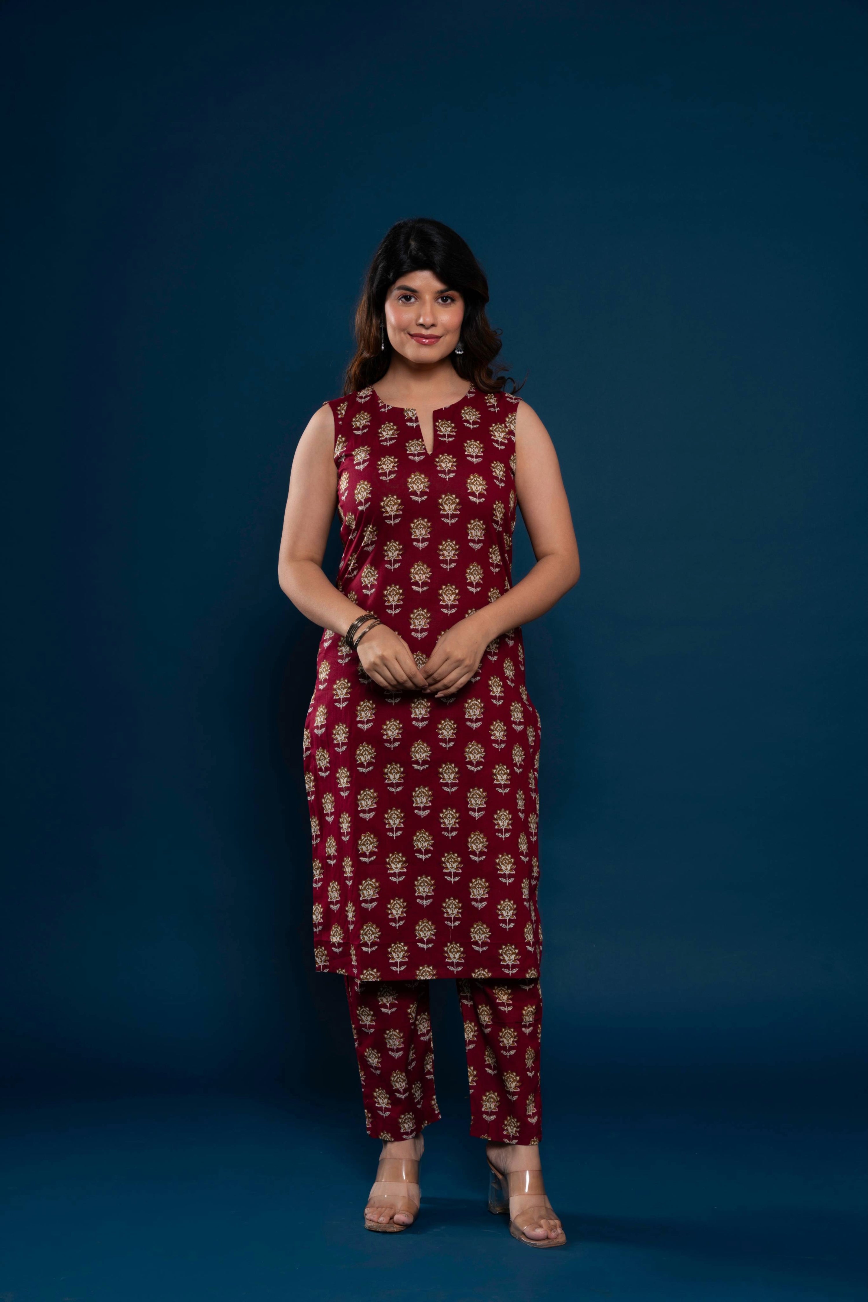 House of Nidhi Maroon Gold Print Straight Kurti for Women | Ethnic Sleeveless Kurta